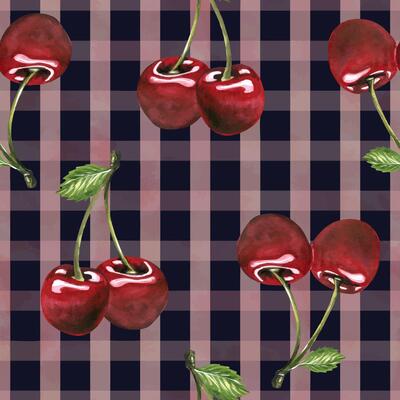 Red ripe cherries couple twins berries. Watercolor hand drawn illustration on the theme of fruits, food and desserts. Seamless pattern, ornament on a dark blue and pink checkered background