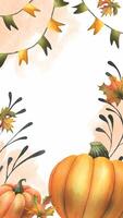Orange autumn pumpkins with maple leaves, flags garland and twigs. Watercolor illustration, hand drawn. Vertical frame, template for text rectangular isolated from background Thanksgiving, Harvest vector
