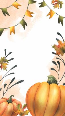 Orange autumn pumpkins with maple leaves, flags garland and twigs. Watercolor illustration, hand drawn. Vertical frame, template for text rectangular isolated from background Thanksgiving, Harvest