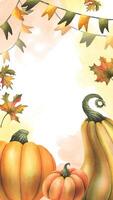 Orange autumn pumpkins with maple leaves, flags garland and twigs. Watercolor illustration, hand drawn. Vertical frame, template for text rectangular isolated from background Thanksgiving Harvest vector