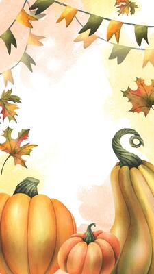 Orange autumn pumpkins with maple leaves, flags garland and twigs. Watercolor illustration, hand drawn. Vertical frame, template for text rectangular isolated from background Thanksgiving Harvest