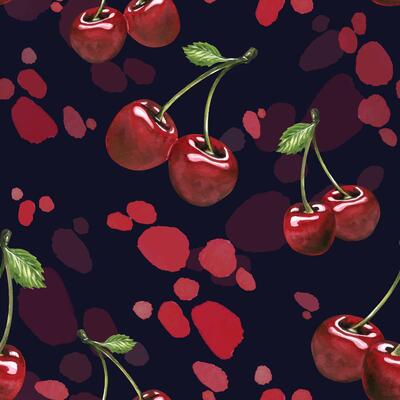 Red, ripe cherries, couple twins berries with drops of juice. Watercolor hand-drawn illustration on the theme of fruits, food and desserts. Seamless pattern, ornament on a dark blue background