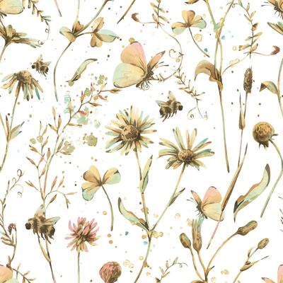Elegant seamless pattern of hand-painted meadow flowers and herbs in soft watercolor tones. Ideal for packaging, wallpapers, fabric design, and gentle romantic spring or summer themes.