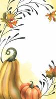 Orange autumn pumpkins with maple leaves and twigs. Watercolor illustration, hand drawn. Vertical frame, template for text rectangular isolated from background Thanksgiving, Harvest, Halloween vector