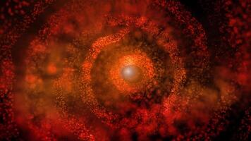 A fiery, smoky spiral galaxy rotates, smoothly changing perspective, throwing out clumps of plasma. video