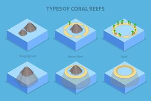 3D Isometric Flat Illustration of Types Of Coral Reefs, Structure of Islands vector