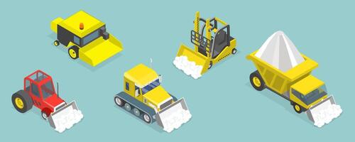 3D Isometric Flat Set of Different Snowplows, Snow Removal Vehicles vector