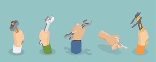 3D Isometric Flat Illustration of Hands Of Repair Workers, DIY and Work Tools vector