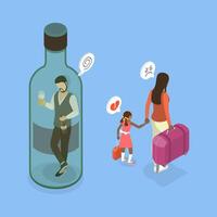 3D Isometric Flat Illustration of Leaving a Drinking Husband, Addicted Drinker vector