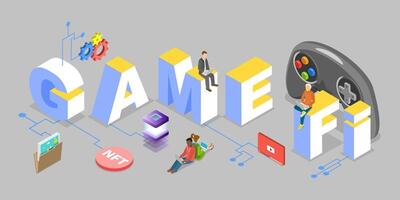 3D Isometric Flat Illustration of Gamefi , Play to Earn Technology vector