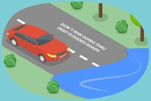3D Isometric Flat Illustration of Its Risky to Go Thrugh Flooded Road, Driving Tips And Rules vector