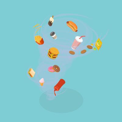 3D Isometric Flat Illustration of Calories Hurricane, Unhealthy Fast Food Meals