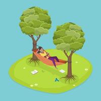 3D Isometric Flat Illustration of Relaxing Lying In Hammock, Having Rest and Enjoying Vacations vector