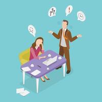3D Isometric Flat Illustration of Furious Boss, Lazy Worker at Workplace vector