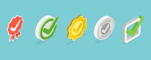 3D Isometric Flat Set of Approved Checkmarks, Premium Quality Mark, Mission Accomplished vector