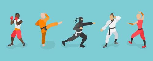 3D Isometric Flat Set of Martial Art Characters, Practicing Fighters vector