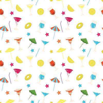 Cocktails hand drawn seamless pattern. Glass of cocktail, lemon slices, pineapple slices, flowers, drinking straws, cocktail umbrellas. Alcohol cocktail. illustration in cartoon style.