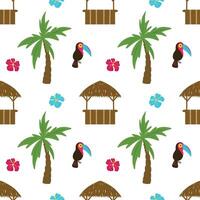 Tropical hand drawn seamless pattern. Palm tree, beach bar, toucan, flower. illustration in cartoon style. Tropical pattern. vector
