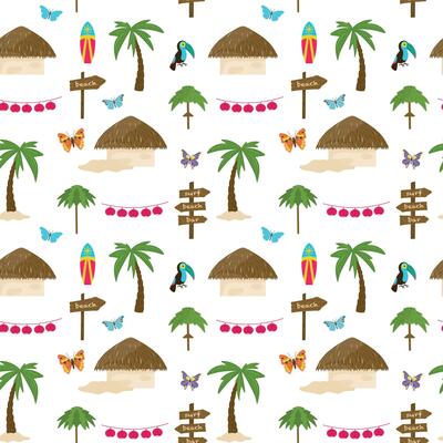 Tropical hand drawn seamless pattern. Palm tree, bungalow, toucan, surfboard, butterfly, wooden sign. illustration in cartoon style. Tropical pattern.