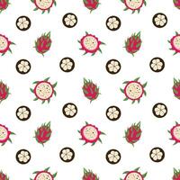 Mangosteen and dragon fruit seamless pattern, tropical fruits pattern. Pitaya, pitahaya vector