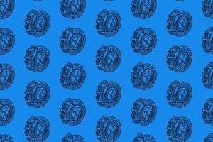 disc break on break caliper engraving line art seamless pattern on blue background. retro breaking system hatching pattern wallpaper for sport, automotive, garage, spare part, industry vector