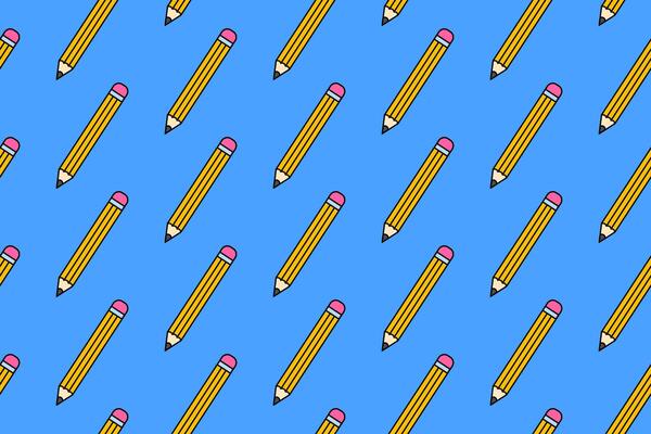 pencil with eraser school stationery colorful seamless pattern on blue background. wooden pencil with rubber doodle decoration pattern background kids, school, college, science