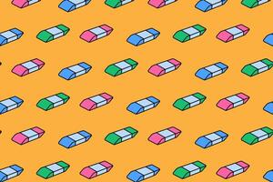 trapezoid shaped eraser school stationery colorful seamless pattern on yellow background. eraser rubber with trapezoid shape doodle decoration pattern background kids, school, college, science vector