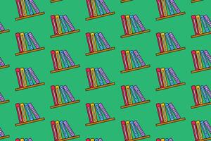 books with bookshelf school stationery colorful seamless pattern on green background. stack of books with rack doodle decoration pattern background kids, school, college, science vector