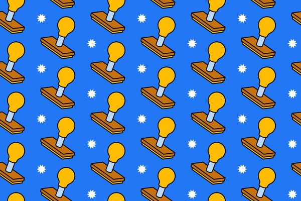 Pattern of yellow rubber stamps on a blue background. Suitable for digital backgrounds, stationery design, craft projects, and school themed designs.