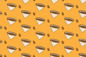paper drip brew with coffee bean colorful seamless pattern on yellow background. coffee grain with cone drip brewing doodle seamless pattern background for coffee shop, cafes, beverage, roastery vector