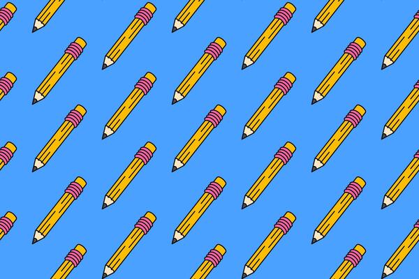 pencil with rubber bracelet school stationery colorful seamless pattern on blue background. wooden pencil with eraser doodle decoration pattern background kids, school, college, science