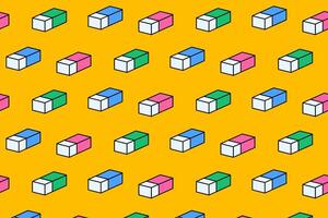 block shaped eraser school stationery colorful seamless pattern on yellow background. eraser rubber with rectangle shape doodle decoration pattern background kids, school, college, science vector