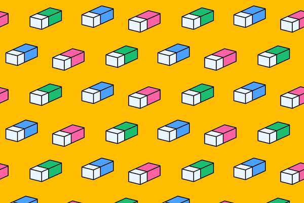 block shaped eraser school stationery colorful seamless pattern on yellow background. eraser rubber with rectangle shape doodle decoration pattern background kids, school, college, science