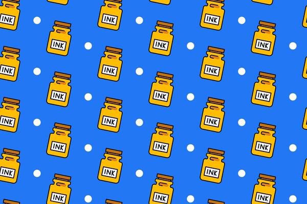 Pattern of ink bottles and dots, suitable for stationery design, art supplies packaging, and creative backgrounds for various projects.