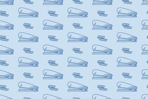 Seamless pattern of blue staplers and staples for office themed designs and stationery products. Suitable for scrapbooking, wrapping paper, textile prints, and backgrounds. vector