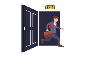 Man running out of open doors. Fire exit. vector
