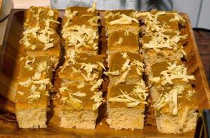 cake with sweet custard and cheese topping photo