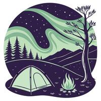 Camping in wild with tent and stunning aurora light at night. vector