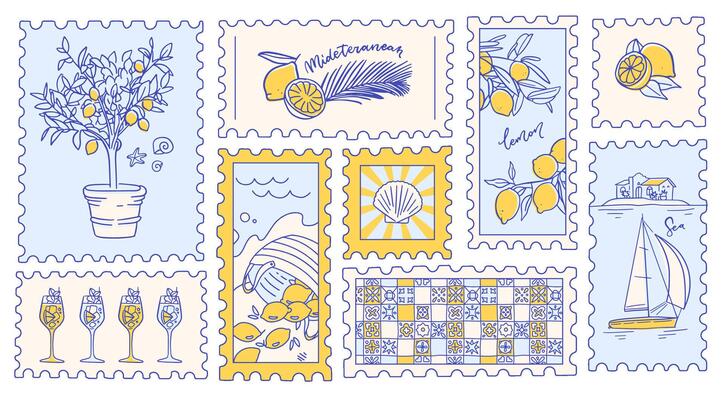 Vintage postage stamp set of Summer with lemon. Italian vintage doodle lemons. Beach sea background. Italian Amalfi hand drawn postcard. Sketch contour illustration.