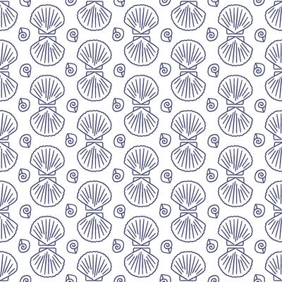 Seashell La dolce vita doodles seamless pattern. Blue on white hand drawn linear illustration of italian style. Wall art prints decor for invitations, menus design.