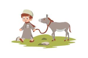 Happy Boy Walking a Donkey in NatureHappy Boy Walking a Donkey in Nature vector