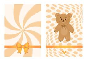 Two-sided orange baby shower template, front and back side. Invitation with a swirl and bow, and thank you card with a ginger bear vector