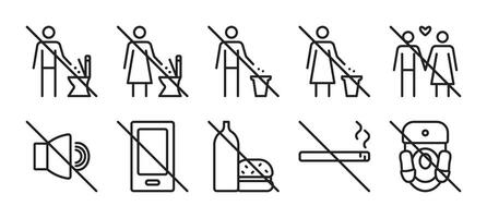 Prohibitory signs for public toilets, WC black line icon set. Collection of monochrome outline pictograms for women and men restrooms, 10 editable stroke symbols vector