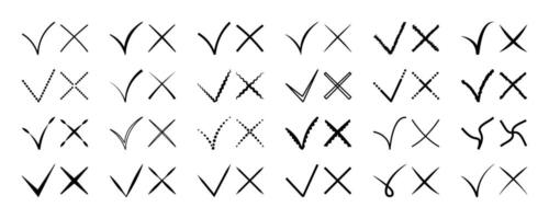 Black monochrome check marks and crosses set, ticks and X line icons for checkboxes and voting documents. Approval and rejection signs in different variations vector