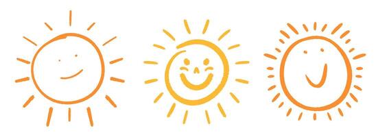 Hand-drawn sun set. Cute smiling suns with different expressions. Childish drawing style illustration. vector