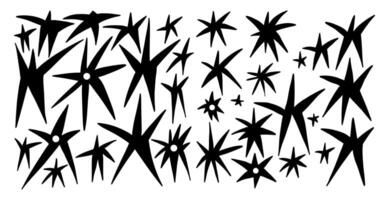 Hand drawn quirky stars. Abstract geometric starburst design elements. Black and white minimal graphic shapes. vector