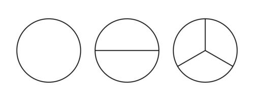 Pie, pizza rounded shape cut in 1,2,3 equal slices. Divided circle in one, two and three segments. Black line chart. Outline style. vector