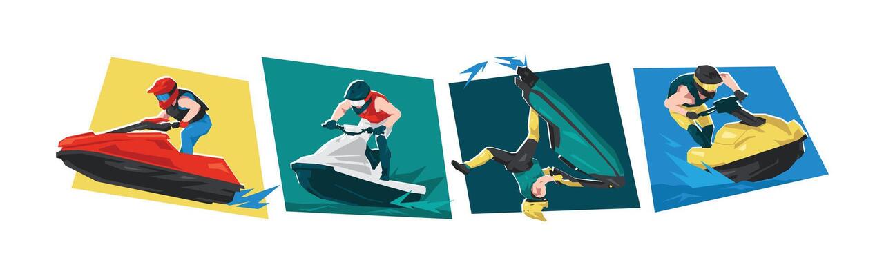 Character illustration of male riding Jet ski. Water sport, race, freestyle, vehicle. Flat cartoon style.