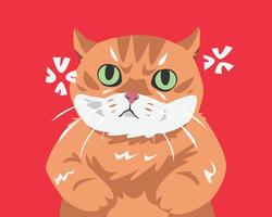 Chubby ginger cat looking grumpy. Isolated on red background. Anger symbol on angry cat. Cartoon illustration. vector