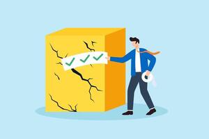 Flat illustration of quality control manager patching cracks on product surface with checklist tape and approval label vector